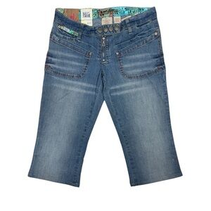 NWT Vintage Parasuco Blue Denim Capris With Floral Waist Lining size 27